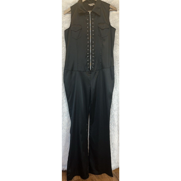 Vintage Y2K Black Satin Goth Jumpsuit Size XL Zip Club Rave Cyber Grunge Punk - Picture 2 of 12
